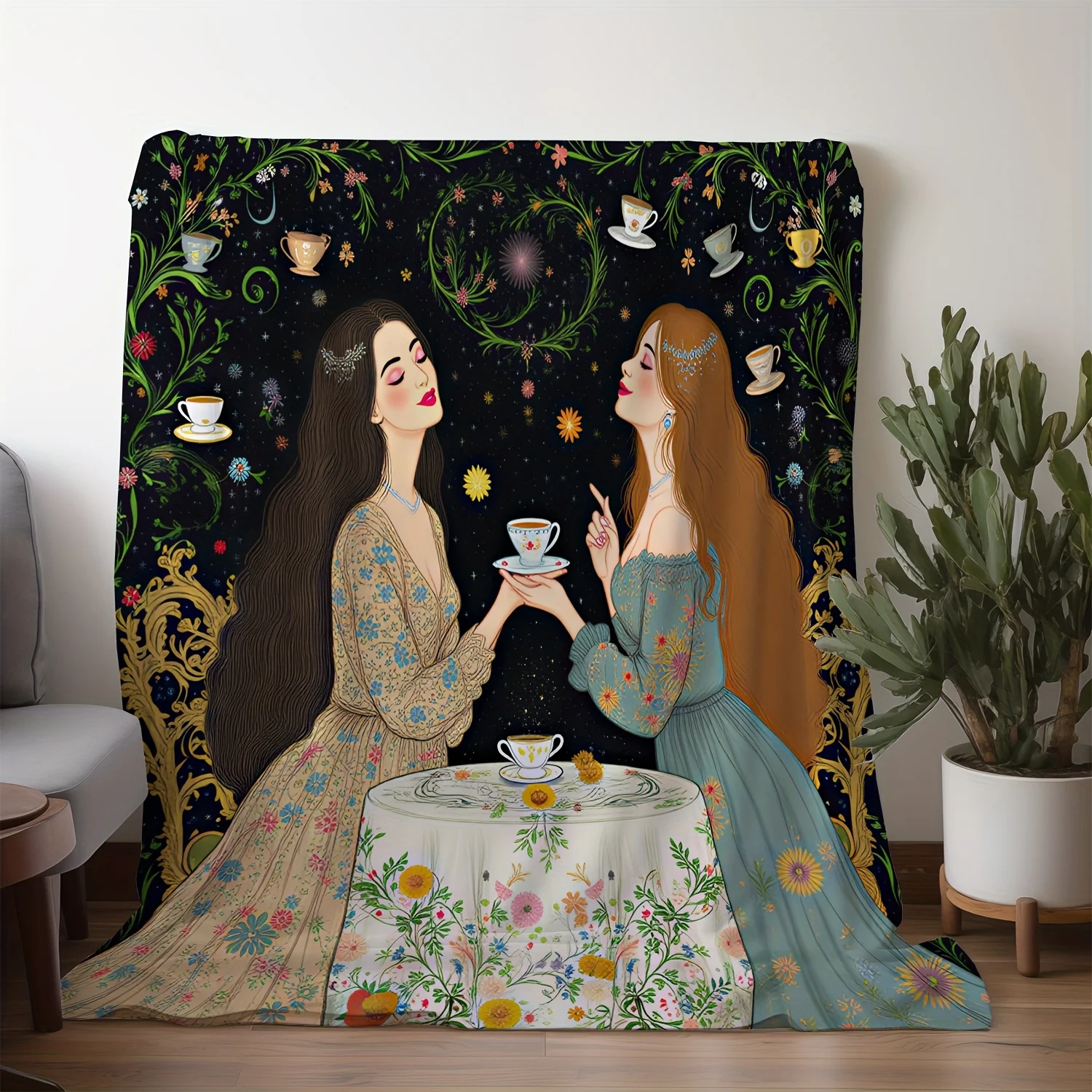 Coperta in flanella da 1 pezzo, stampa di tazze da tè vintage, design elegante da donna che beve insieme, caldo e morbido per divano, letto, auto, ufficio 4