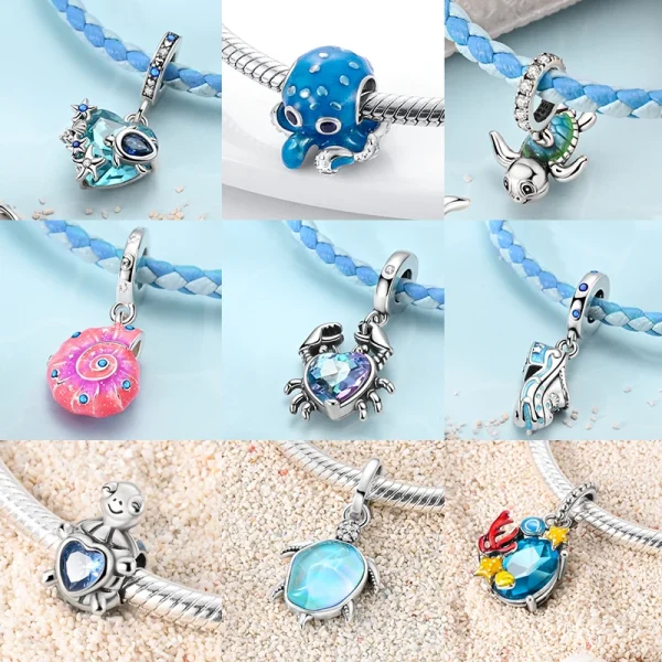 Originale argento 925 fascino estate oceano granchio tartaruga marina polpo perline braccialetto adatto ciondolo gioielli donna fai da te 2