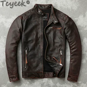 Tcyeek Giacca in vera pelle da uomo Strato superiore Cappotti in pelle di vacchetta Primavera Autunno Cappotto in pelle vintage Giacche da uomo Jaqueta Masculina 1