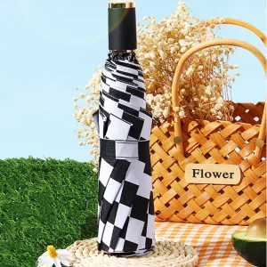 Ombrello a scacchiera Instagram completamente automatico ombrello da sole pieghevole in gomma nera a doppio uso per sole e pioggia all'ingrosso 1