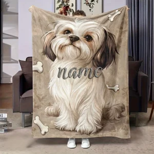 Coperta a tema cane con nome personalizzato da 1 pezzo, coperta per cani Shih Tzu con letto queen size personalizzata unica |   Regalo per proprietari di animali domestici 1