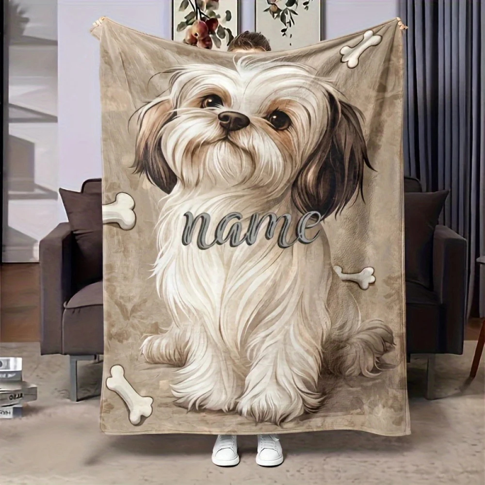 Coperta a tema cane con nome personalizzato da 1 pezzo, coperta per cani Shih Tzu con letto queen size personalizzata unica | Regalo per proprietari di animali domestici 1