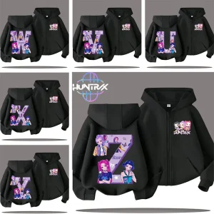 Top casual da ragazza di 3-12 anni con cerniera, felpa con cappuccio per bambini per ragazzi, stampa cartoon K-pop Demon Hunters lettera AZ 1