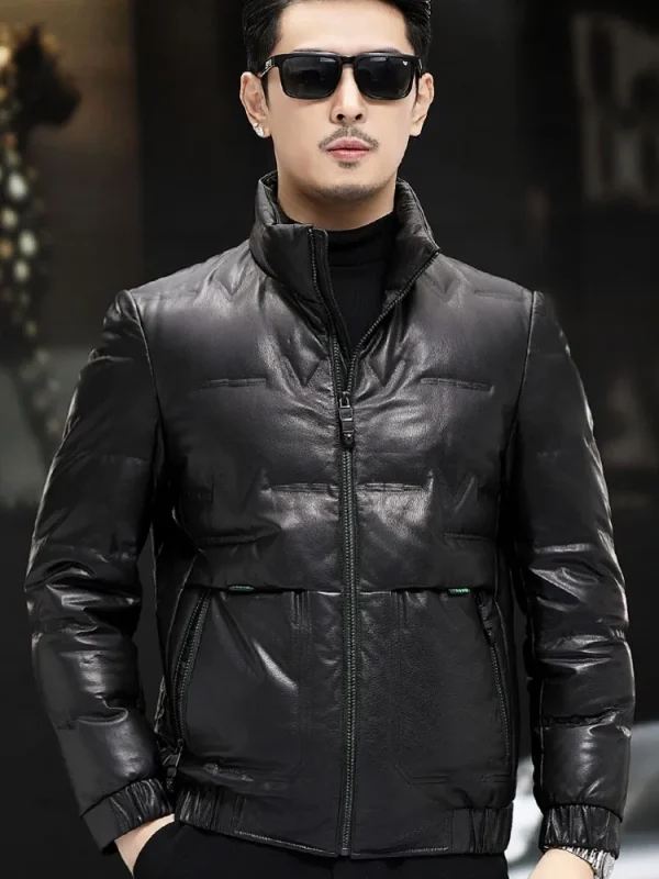 Giacca in vera pelle da uomo invernale colletto alla coreana piumino d'anatra bianco lavoro d'affari soprabito caldo spesso giacca in pelle di vacchetta slim fit 5