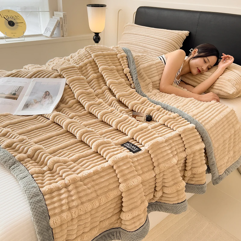 Coperte calde autunno inverno a strisce di peluche imitazione coniglio Coperte morbide e soffici per divano per lanciare la coperta scialle pisolino gamba 2