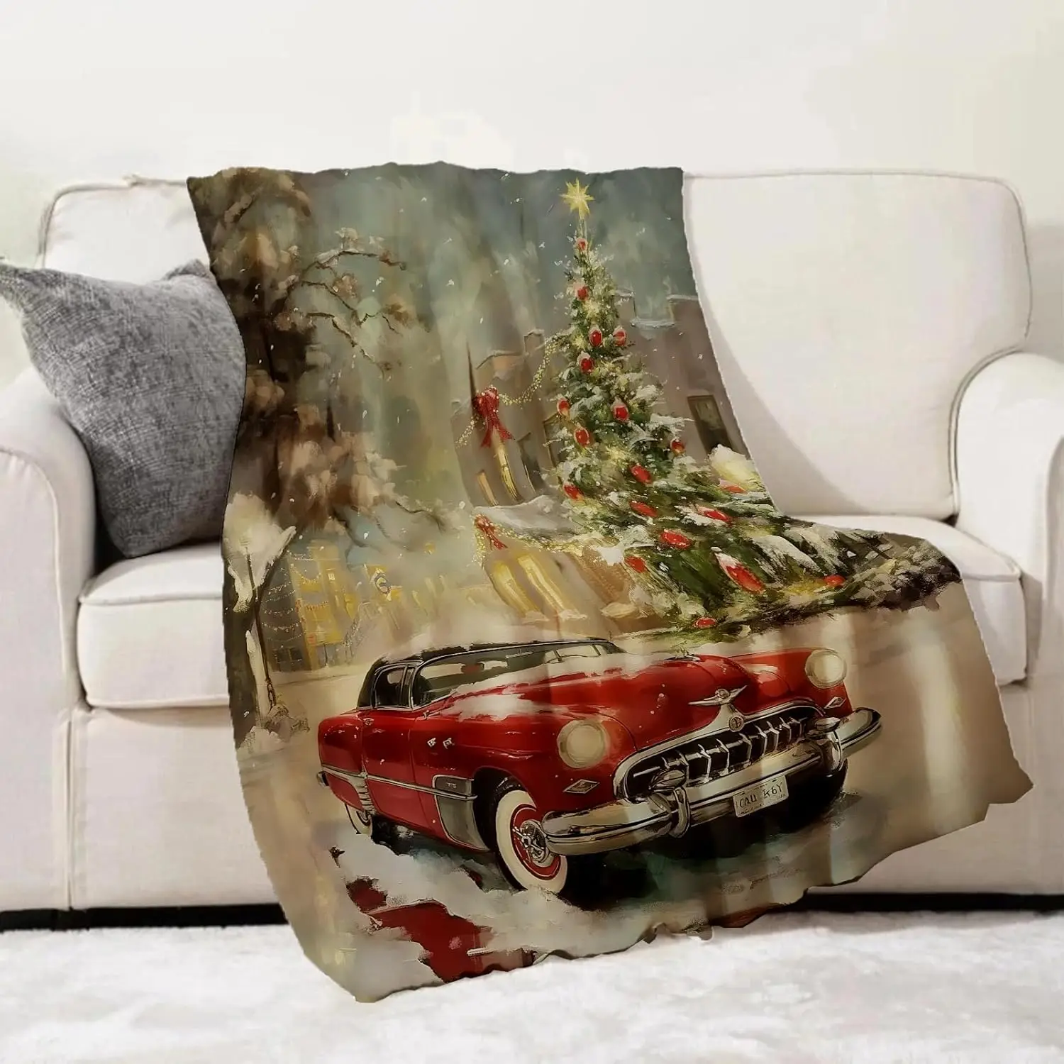 Coperta per auto natalizia vintage 50"x60", coperte in peluche per auto rosse, ideale per la decorazione domestica, divano, letto, viaggi, per adulti e bambini 2