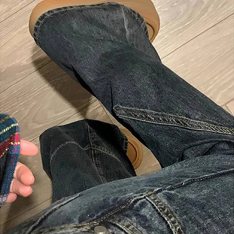 Y2K Spicy Girl Dark Series Jeans a gamba larga da donna New High Street Splicing Pantaloni svasati dimagranti a vita alta larghi 1