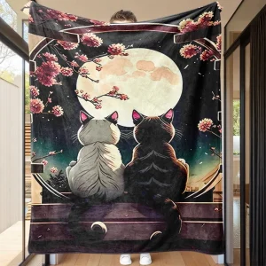 1 coperta in flanella Cat Moonlight Plum Blossom - Stampa digitale ipoallergenica e resistente allo strappo, poliestere lavabile in lavatrice, tutto 1