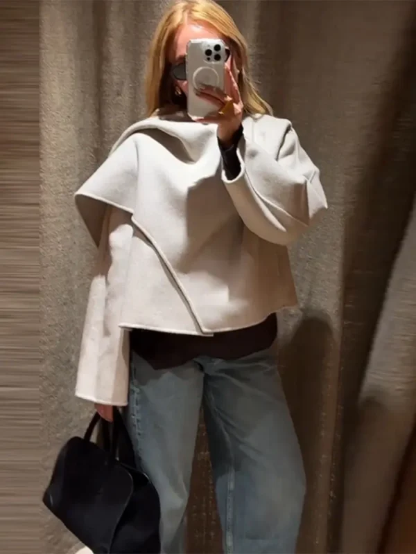 Cappotto con colletto avvolgente in misto lana beige Orlo asimmetrico Polsini svasati Allentato 2025 Autunno Elegante giacca da donna Office Chic Lady Soprabito 5