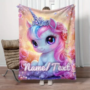 Coperta portatile personalizzata con motivo unicorno della piccola principessa, adatta per divani letto, campeggio di viaggio, soggiorni e uffici 1