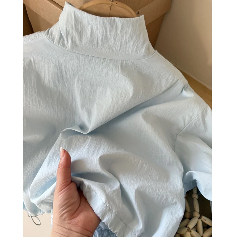 2025 Primavera Autunno Nuove ragazze Giacca per protezione solare Tinta unita Nodo a farfalla Cappotto corto sottile per 4-14 anni Cappotto casual per ragazze adolescenti 5