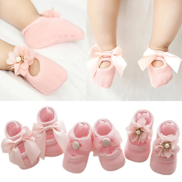 3 paia/lotto Fiore di pizzo Calzini per neonati in cotone antiscivolo Calzini da pavimento per bambini Arco Calzini per bambina Primavera Ragazze Regalo sokken 1