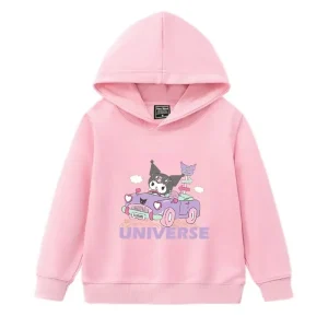 Felpa con cappuccio con motivo stampato carino di Sanrio Kuromi per ragazze nella tendenza della moda del 2025, una felpa con cappuccio a maniche lunghe casual e sportiva 1