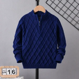 Maglione lavorato a maglia con diamanti a mezza zip in tinta unita stile college da ragazzo adatto per la scuola primavera autunno inverno 1