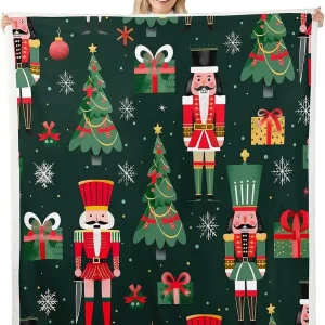Coperta da tiro in pile di buon Natale ultra morbida per divano letto, coperta Sherpa schiaccianoci dei cartoni animati, fiocchi di neve degli alberi di Natale 1