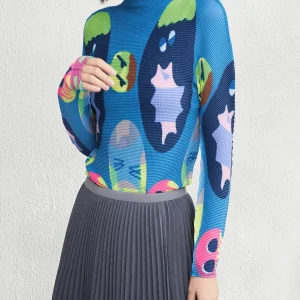 Miyake Pieghe 2024 Autunno/Inverno delle Nuove Donne Mezza Dolcevita Camicia Base Con Sottile a maniche lunghe Sottile Cartoon Stampato Top 1