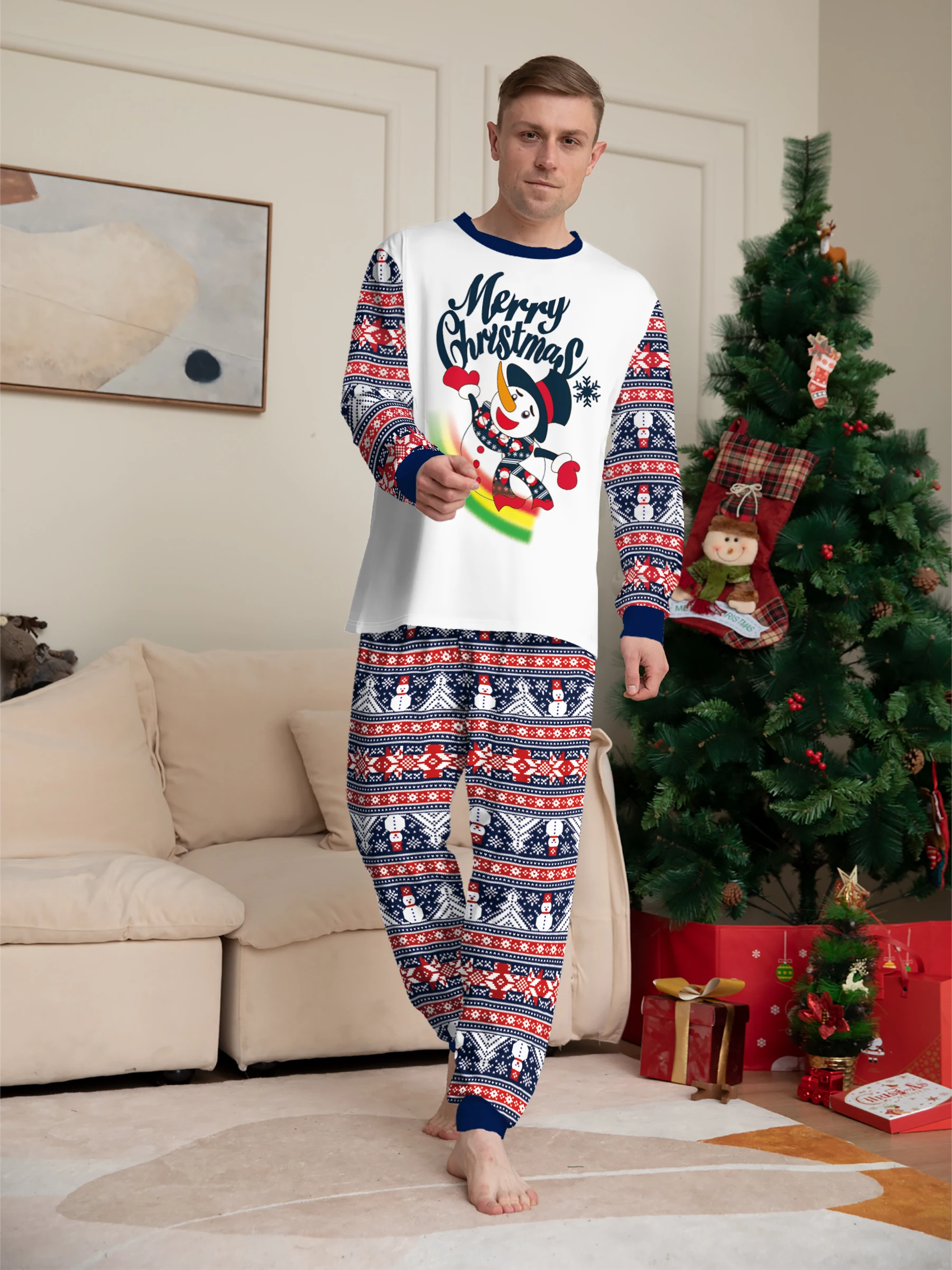 Pigiama natalizio da uomo, stampa pupazzo di neve e Fair Isle, pigiama "Merry Christmas". 1