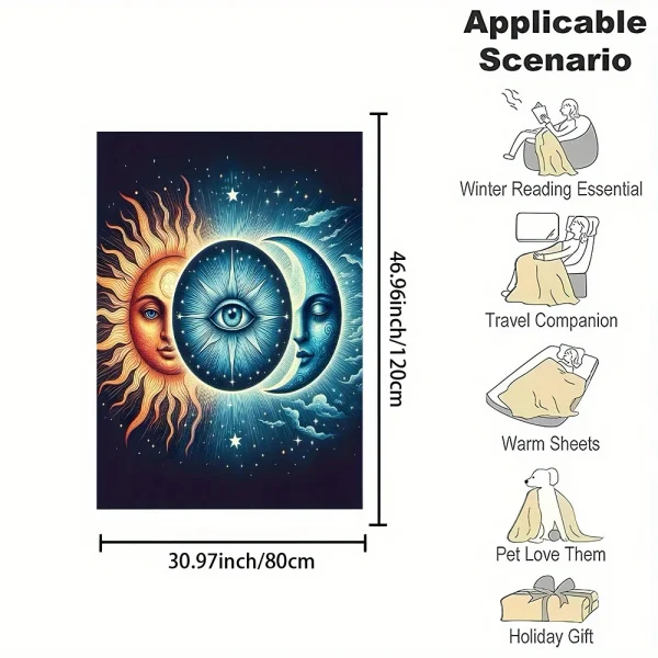 Coperta da tiro in flanella celeste con sole e luna stampata digitale - Tessuto non tessuto reversibile, per tutte le stagioni, poliestere 3