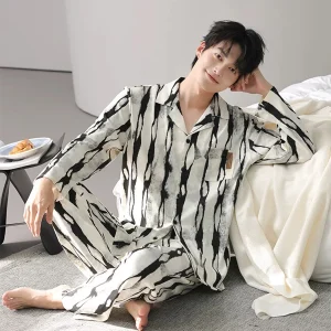 Pajamas for Men, Spring, Autumn and Winter Long-Sleeved New Simple Loose Home Clothes Set That Can Be Worn Outside for Men 1