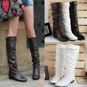 Stivali alti al ginocchio in pelle PU da donna Stivali alti invernali pieghevoli alla moda Tacchi bassi casual Stivali lunghi slim bianchi neri da donna 1