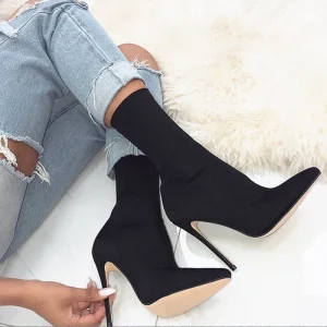 Donne 7.5 centimetri 10 centimetri Tacchi Alti Calzino di Seta Stivali Verde Tacchi Bassi Stivaletti Corti Della Signora Stripper Inverno Punta a punta Raso Scarpe Sexy 1