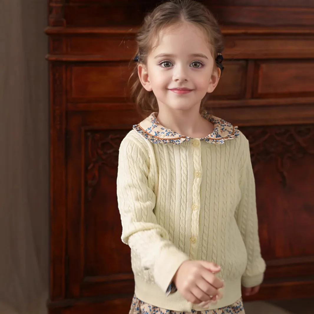 MY4030 Maglione per ragazze 2025 Autunno Nuovo Cardigan twist Maglione di lana per bambini Inverno Stile spagnolo Versatile Top Bambini 3