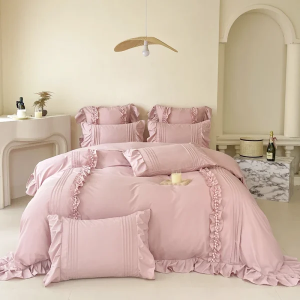 Set biancheria da letto in cotone lavato stile principessa con federa lenzuolo letto singolo completo copripiumino viola letto matrimoniale Queenking 5