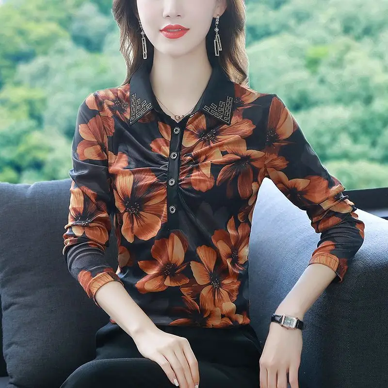 Primavera Autunno Nuova camicia base stampata con colletto polo a maniche lunghe Taglie forti Stomaco che nasconde il temperamento elegante che riduce l'età 2