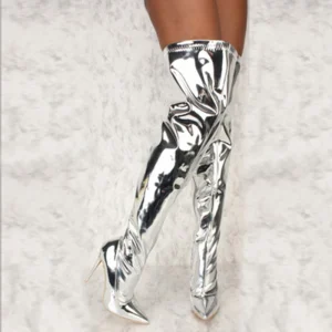 Stivali alti alla coscia con specchio argento Sexy da donna T Show scarpe da festa per Club con punta a punta tacchi alti sottili stivali lunghi sopra il ginocchio per le donne 1