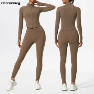 Hearuisavy Tessuti ultra morbidi 2 pezzi Set da palestra a maniche lunghe Donna Abbigliamento da yoga ad asciugatura rapida Leggings da allenamento Tuta Giacche sportive Donna 1