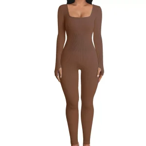 Tuta da yoga a costine tinta unita, body sportivo a maniche lunghe slim fit senza cuciture, abbigliamento sportivo da donna 1