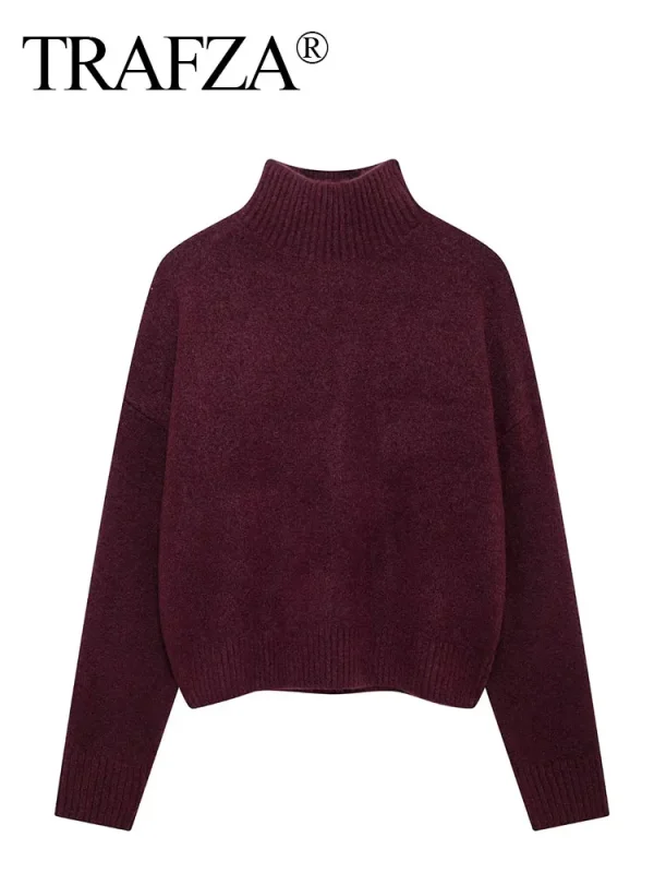 TRAFZA maglione dolcevita vintage bordeaux da donna pullover lavorato a maglia casual a maniche lunghe autunno inverno donna maglieria calda solida 3
