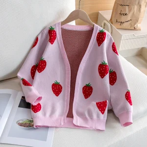 Giacca cardigan lavorata a maglia maglione di media lunghezza senza bottoni in stile fragola da ragazza adatta per le vacanze quotidiane primavera autunno 1