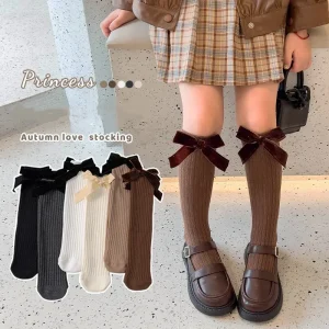 1 paio di calzini al polpaccio per ragazza per bambini, color caffè beige dolce, calzino Jacaquard per bambini, calzino alto al ginocchio stile principessa con fiocco per bambini 1