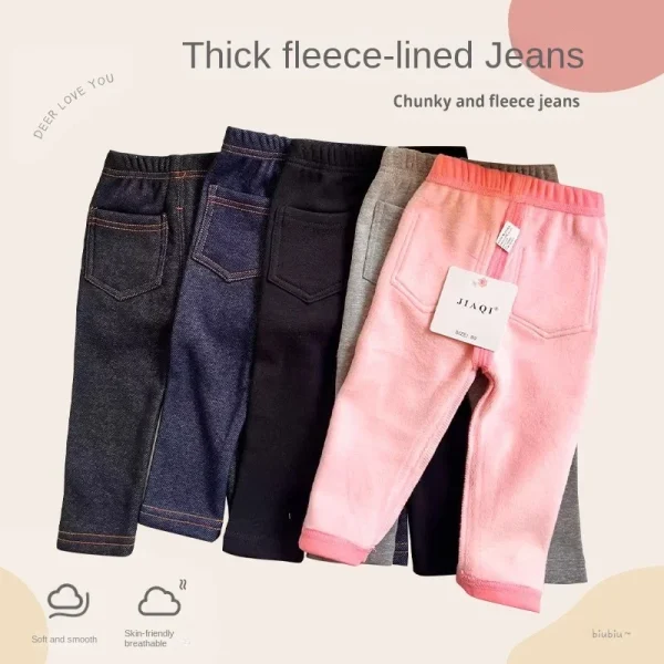 2025 Jeans invernali per bambini Ragazzi e ragazze Tinta unita Velluto sottile Cintura elastica Jeans Infantili Pantaloni in denim elastico1-6Y 4