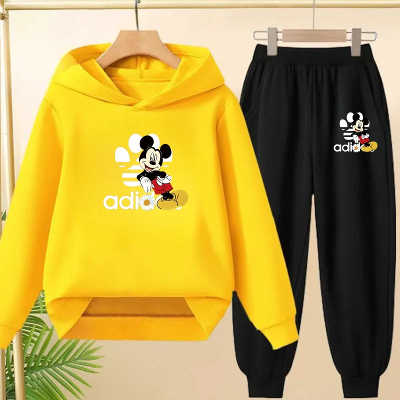 Felpa con cappuccio nera per bambini Anime Topolino Stampa Pullover 3-12 anni Cappotto Felpa + Pantaloni Ragazzi Ragazze Abbigliamento sportivo per bambini Set per il tempo libero 5