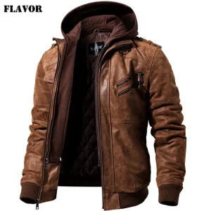 FLAVOR giacca da uomo in vera pelle da uomo con cappuccio rimovibile da moto cappotto invernale da uomo giacche calde in vera pelle 1