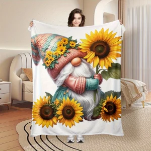 Coperta da tiro in flanella stravagante con gnomo e girasole - Coperta leggera super morbida, calda e accogliente per divano, sedia, letto - Vibrante 1