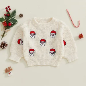 Maglione natalizio per bambino da bambino Top pullover lavorato a maglia a maniche lunghe a costine ricamato con Babbo Natale per l'autunno inverno 1