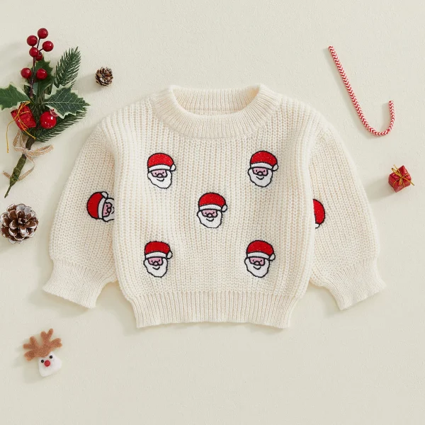 Maglione natalizio per bambino da bambino Top pullover lavorato a maglia a maniche lunghe a costine ricamato con Babbo Natale per l'autunno inverno 1