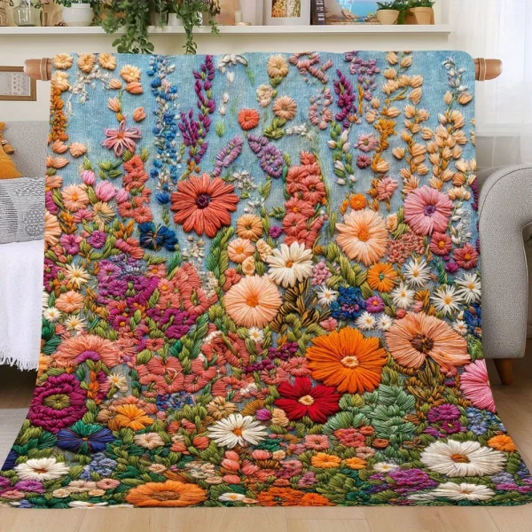 Coperta floreale bohémien 3D - Design con campo floreale ricamato, morbida flanella per camera da letto/divano/picnic, arredamento vibrante 4