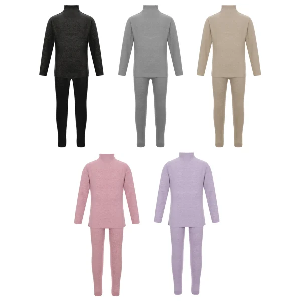 Set di biancheria intima termica tinta unita per bambini e bambine t-shirt a maniche lunghe con collo a lupetto caldo con Leggings elastici in vita 2