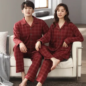 Plus Size coppia manica lunga Casual Plaid cotone pigiama set per gli uomini autunno coreano allentato pigiameria pigiama donna Homewear vestiti 1