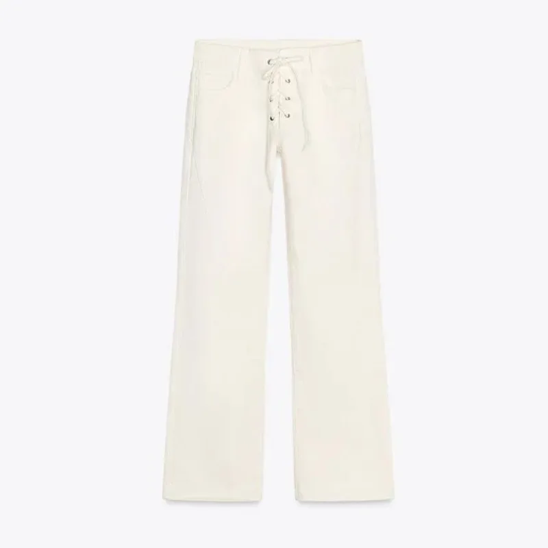 Jeans bianchi con lacci con coulisse Tasche con senso del design da donna Pantaloni in denim dritti a vita bassa 2025 Nuova moda casual Lady Streetwear 6