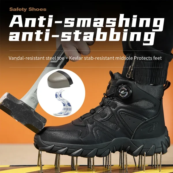 Stivali antinfortunistici con bottone rotante Stivali tattici da esterno da uomo Scarpe indistruttibili Stivali da lavoro antiforatura Scarpe con punta in acciaio Sneakers 5