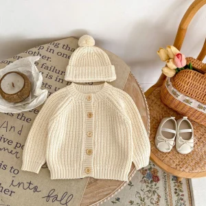 Nuovi vestiti per bambini autunnali, giacca a maniche lunghe lavorata a maglia beige per ragazze e bambini di 0-3 anni, maglione cardigan 1