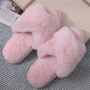 Goosecret Pantofole da donna in memory foam sfocato con fascia incrociata, comode pantofole da casa in peluche, soffici e pelose, scarpe da casa con punta aperta, scivoli piatti 1