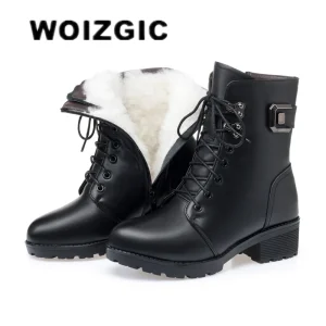WOIZGIC Donna Donna Stivaletti in vera pelle Piattaforma Inverno Antumn Peluche Pelliccia Scarpe calde Plus Size Lace Up 35-43 1