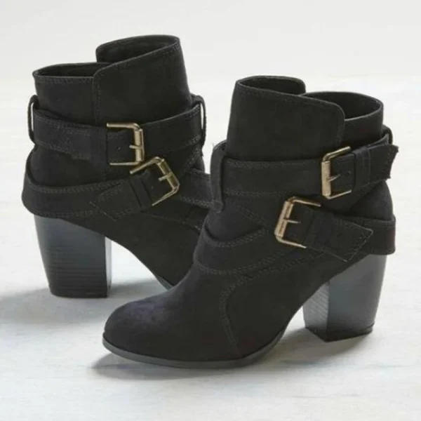 Inverno 2024 nuove signore stivali corti punta rotonda scarpa antiscivolo per esterni moda fibbia della cintura stivale nudo scarpe comfort con tacco spesso da donna 2