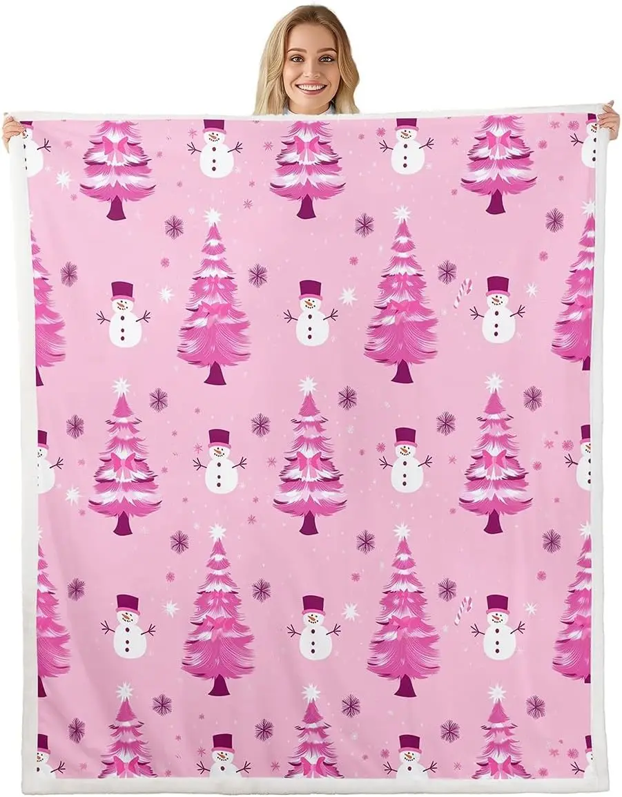 Coperta in pile di buon Natale Coperta Sherpa per albero di Natale e pupazzo di neve per bambini Donne Uomini Peluche Fuzzy Fiocco di neve 1